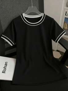 Women's Short-Sleeve Ribbed Blouse, Plain, Round Neck With Collar And Sleeve Details, Elegant Basic Style - Hitam - View 1