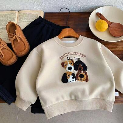 2-5岁男童韩版狗狗刺绣圆领卡通套头卫衣，休闲秋季上衣
