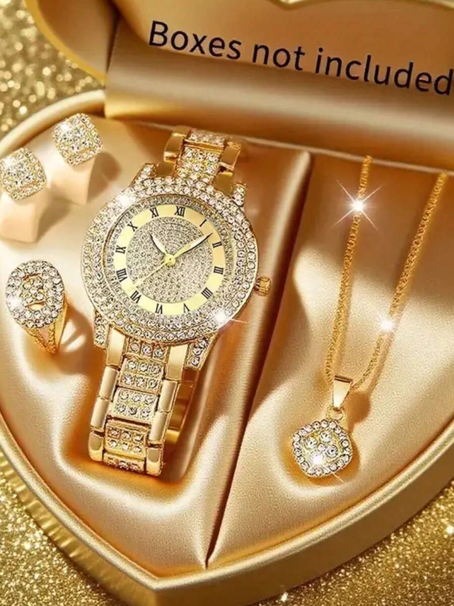 5pcs/Set Jam Tangan Quartz Wanita Fashion dengan Tali Baja Bulat, Jam Tangan Serbaguna dengan Dial Berlian Bulat, Dapat Dipadukan dengan Gelang, Kalung, Anting, Cincin, dan Perhiasan Lainnya untuk Membentuk Satu Set Perhiasan, Cocok untuk Pemakaian Sehari-hari, Acara Formal, dan Kesempatan Lainnya, Juga Dapat Digunakan untuk Dekorasi Liburan. - Emas - View 1