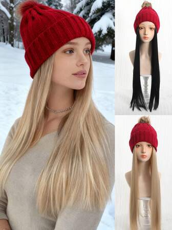 22 Inch Long Straight Hat Wig Synthetic Wig With Elastic Knitted Cap Wig - Beanies Hat Wig High Temperature Fiber,Knitted Hat Wig Natural Look For Daily Wear, Basics Style