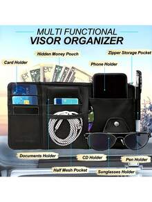 Car Sun Visor Organizer, Universal Sun Visor Storage Bag With Zipper For Glasses & Cards, Space Saver For Car Truck SUV - Màu Xám nhạt - Xem 5