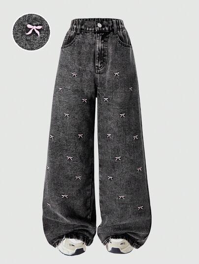Teen Girls' Elastic Waist Straight Loose Fashion Versatile Butterfly Embroidered Straight Leg Jeans