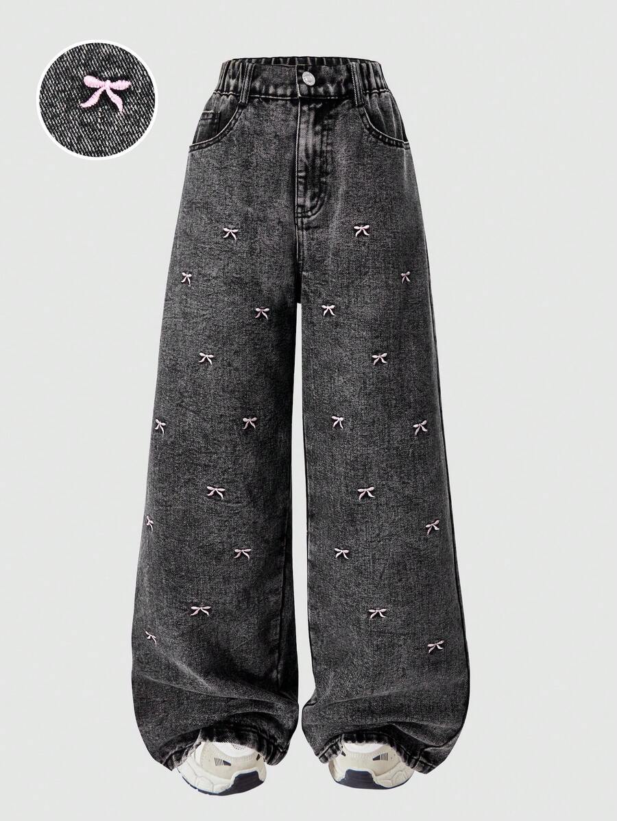 Teen Girls' Elastic Waist Straight Loose Fashion Versatile Butterfly Embroidered Straight Leg Jeans - Black - View 1