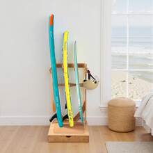 Vertical Surfboard Stand, 3 Tiers Wooden Surfboard Rack For Storage And Display, Freestanding Board Stand Organizer With Hanging Hooks & Cork Padding, For Wakeboards, Snowboards, Kiteboards - Floor-standing 3-story Unit - View 9
