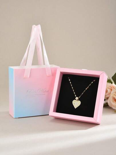 1pc Luxury Sparkling Full Rhinestone Heart-Shaped Stainless Steel Pendant Necklace Jewelry Gift Box, Suitable For Daily Wear, Gatherings, Parties, Festivals, Music Festivals, Balls, Gift For Loved Ones, Mother's Day, Christmas