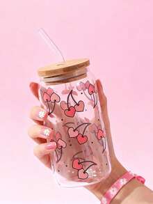 1pc 16oz Transparent Coffee Cup, Made Of High Borosilicate Glass With Cartoon Star, Moon, Heart, Angel Eye Design, Comes With Bamboo Lid And Straw, Large Capacity Outdoor Travel Beverage/Juice Cup, Suitable For Autumn And Winter, Valentine's Day Birthday/Holiday Party Gift, Christmas Gift Glass Water Bottle