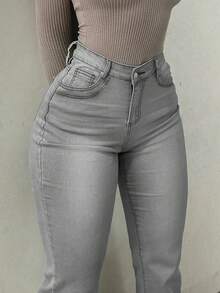 Plus Size Flared Leg Jeans, Elegant Women's Street Style For Winter - Light Grey - View 6