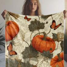 1pc SDoo Vintage Autumn Butterfly & Pumpkin Print Flannel Blanket - Soft Warm All-Season Throw For Sofa, Bed, Car, Office, Camping - Mixed Colors, Cozy Gift Blanket, Blanket For Couch, Camping Accessory, Seasonal Decor Item, Plush Texture-30*40in - Multicolor - View 2