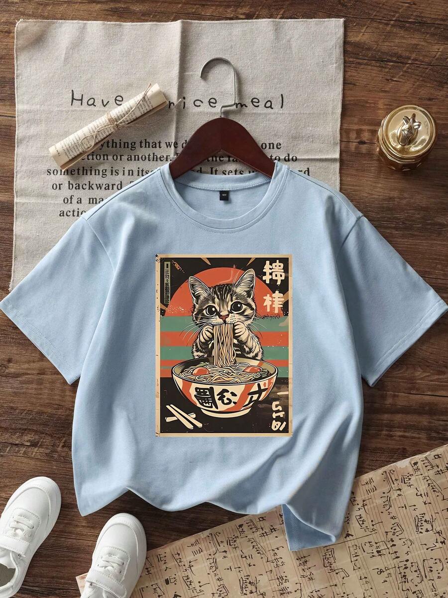 Tween Girls' Casual Graphic Print Crew Neck Short Sleeve T-Shirt, Summer Top - Baby Blue - View 1