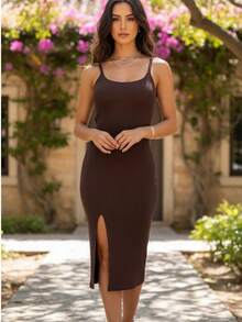 Strappy Dress With Slit, Ana Ruga Knit Fabric, Split Detail, Side Opening, Perfect For Weddings, Beach, Evenings, And Holidays. - Rỉ Nâu - Xem 4