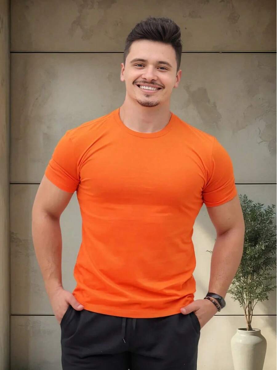 Men's Basic Plain T-Shirt, Premium 30.1 Cotton - Orange - View 1