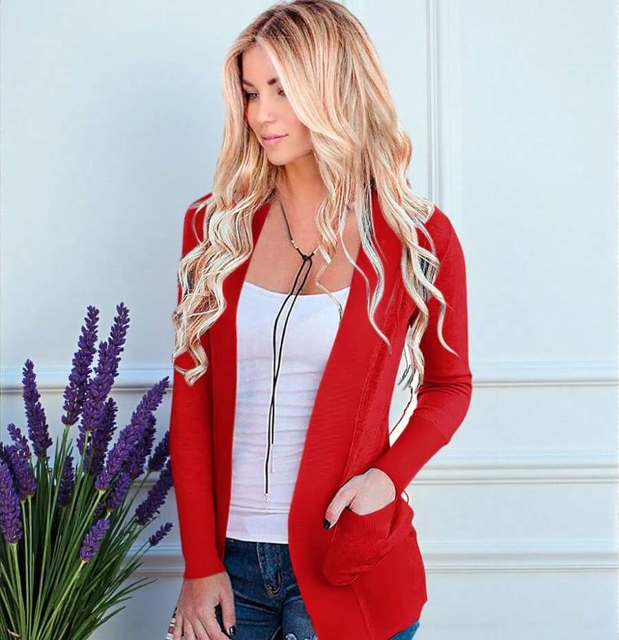 Fashion Cardigan Sweater With Pockets - 紅色 - 查看 1