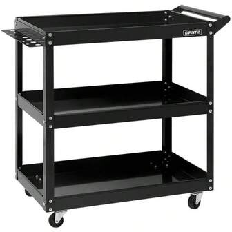 3 Tier Steel Tool Trolley Tools Storage Trolleys Cart Mechanic Rolling Carts Garage Bar Workshop Warehouse Organiser 150kg Capacity Rust Resistant Lockable Castors Black