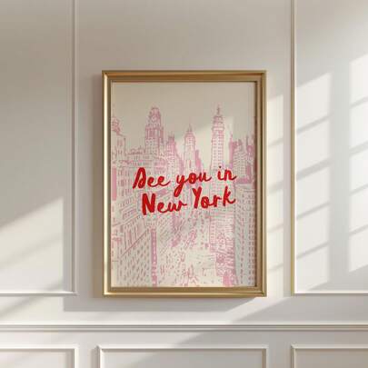 1pc Pastel Pink New York Cityscape Print: Mid-Century Modern Travel Poster, Canvas Wall Art,Room Decor,For Living Room, Bedroom, Office, Bar Wall Decor,Frameless