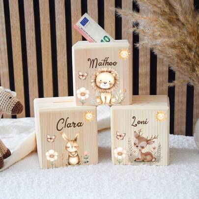 Hucha personalizada, regalo de madera personalizado con nombre para niños, hucha de madera personalizada - Diseño lindo de animal y patrón floral, tapa abatible, regalo de decoración del hogar multiusos adecuado para adolescentes, dormitorio, oficina o como regalo, decoración de habitación, tarro de panal, tarro de ahorros, caja sorpresa de cumpleaños, caja recuerdo de bautizo, caja de mayordomo