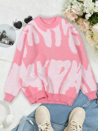 1 件青少年女孩优雅时尚日常休闲通勤学校复古拼色套头针织毛衣，舒适户外，适合春季、秋季、冬季、万圣节、圣诞节