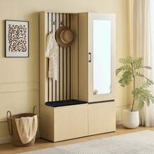 Combined Wardrobe With Mirror And Bench – Modern Hallway Furniture Set With Extendable Clothes Rail, Shoe Rack, 4 Hooks And Upholstered Bench - Wood - View 7