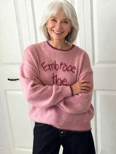 Livesso Women's Contrast Color Round Neck Drop Shoulder Long Sleeve Letter Decor Loose Casual Versatile Sweater, Autumn