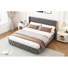 Upholstered Bed 140*190cm With Slatted Base And Headboard, Button Upholstery, Rivet Upholstery, Wooden Legs, Linen, Beige - Grey + Velvet + 140cm*190cm - View 5