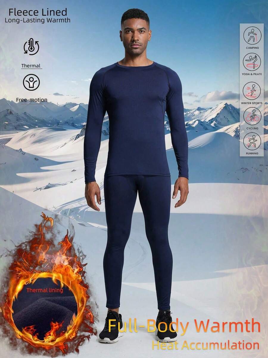 Thermounterwäsche-Set für den Winter, thermisch gefütterter Oberteil mit hohem Kragen und Leggings für Fitness, Outdoor-Sport, Wandern, Jagd, Skifahren. Langarm-Kompressionsshirt und -Tights, feuchtigkeitsableitendes Sportanzug für Herren - Königsblau - Übersicht 1