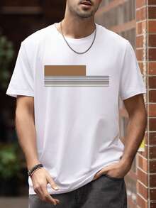 Camiseta casual de manga corta con cuello redondo y estampado de rayas para hombre, verano - Blanco - Ver 3