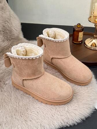 Damvinterstövlar med enkla rosett och söta plyschiga tjocka snöstövlar, veckade volanger/volangkanter, kakifärgade korta stövlar, lämpliga som julklapp
