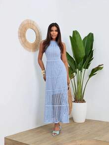 Baby Blue Crochet Long Dress – Elegant, Feminine, And Timeless - 淺藍色 - 查看 6