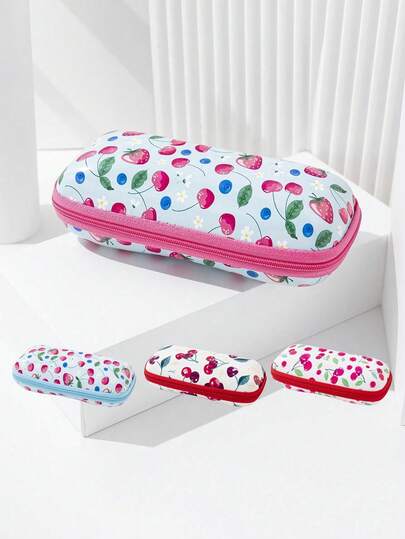 可爱水果印花便携式眼镜盒，卡通草莓、樱桃、蓝莓图案硅胶防压太阳镜保护套