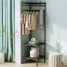 1个2/3层落地式衣帽架，节省空间的挂钩和搁板设计，易于组装，适用于玄关、卧室、衣柜、阳台，黑白简约风格，两种颜色可选，坚固耐用，加固材料，易于移动，可收纳衣物、裤子、毯子、包包、帽子、配饰，落地式服装架，独立式衣架 - 彩色 - 查看 7