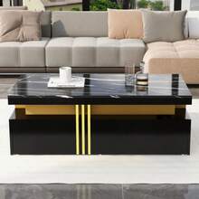 (Materials And Images Modified) Modern Rectangular Coffee Table With Glossy Lacquered Top, 2 Wooden Drawers, Marble-Effect Top, For Living Room, 100 X 50 X 40 Cm - Black - View 9