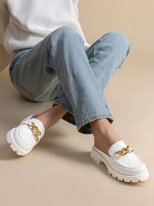 Women Mules Slippers Chunky With Gold Chain Decor Slip On Platform Thick Comfortable Fashion Classic Loafers Flat Slides Shoes - 白色 - 查看 2