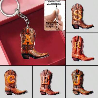 1 pieza Llavero de bota de vaquero occidental vintage - Encanto occidental 2D de acrílico con diseño de bota de vaquera marrón y dorada, letras de la A a la Z adecuadas para mochilas, regalos de cumpleaños/Navidad/Día del Padre, recuerdos y detalles de fiestas con tema occidental (ideal para fans de música country, eventos occidentales) - Duradero y ligero, sin recubrimiento metálico