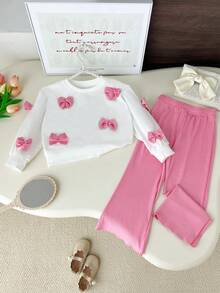 2pcs/Set Girls Bow Sweatshirt & Flare Pants Outfit, Children's Clothing, Autumn - Pink - View 2