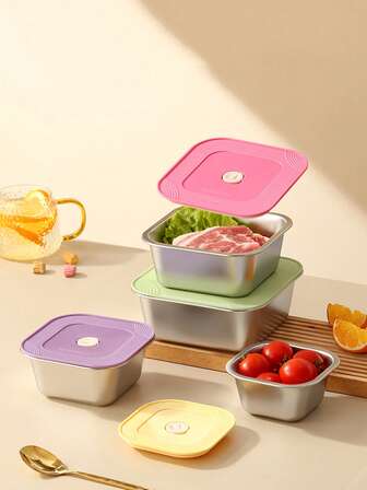 1 st matförvaringsbehållare i rostfritt stål med lock, lufttät matlåda, kylskåpsförvaringslåda, fyrkantig matbehållare, multifunktionell matskål för kök