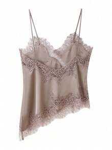 Women Y2k Lace Patchwork Satin Cami Tank Tops Spaghetti Strap V Neck Asymmetrical Hem Camisole Crop Tops Summer Sleeveless Backless Sexy Vest Shirts Cute Elegant Going Out Tops Coquette Aesthetic Clothes Party Club Streetwear - Màu nâu  Mocha - Xem 6
