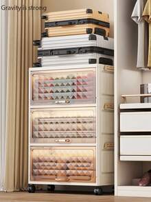 1个50厘米/19.6英寸宽塑料储物柜，翻盖可折叠储物盒，衣柜整理盒，厨房餐具柜，厨房置物架，客厅玩具柜，窄缝收纳架，厨房窄型储物柜，圣诞节和万圣节礼物，便携式衣柜，床底储物柜 - 透明 - 查看 5