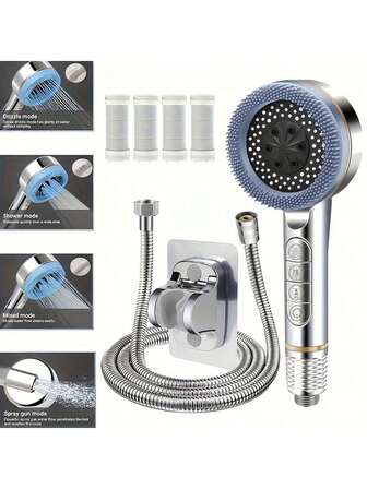 7件套手持花洒套装，4种喷淋模式 | 暂停功能 / 浴室增压雨淋式过滤花洒，高压手持花洒喷头，非常适合冬季淋浴、复活节、返校季送礼