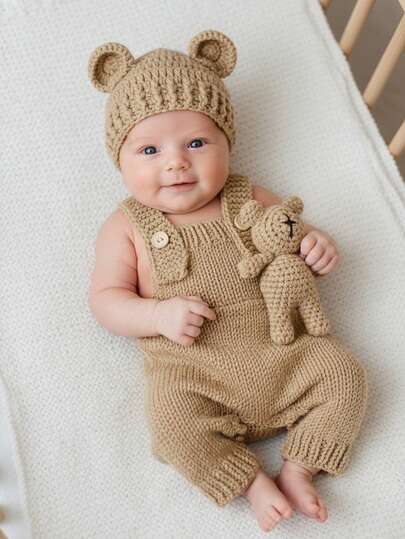 Conjunto de 3 piezas para fotografía de recién nacidos: pantalón corto tejido a mano, gorro y muñeca con diseño de oso, gorro con diseño de conejito, mono para recién nacidos, ropa para bebé niño y niña, decoraciones y regalos para baby shower y Pascua