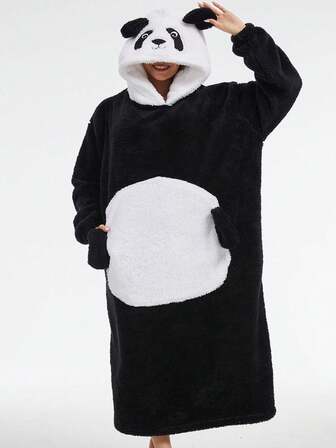 Manta con capucha de manga larga con diseño de panda, bata de estar por casa con capucha para mujer en invierno, adecuada para fiestas con temática de animales
