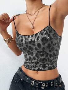 ATTRACO Women's Vintage Leopard Print Sequin Camisole Top Summer - Grey - View 5