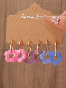 6-18件彩色多巴胺树脂花朵耳环，时尚简约优雅百搭耳环，适合女性日常佩戴 - 彩色 - 查看 4