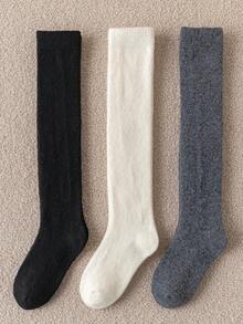 1双/3双装儿童加厚羊毛混纺过膝袜，黑白配色，女童保暖冬季长袜