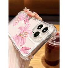 Flower Phone Case 1pc INS Style Pink Floral Lily Flower & Butterfly Pattern Shockproof Transparent Soft Phone Case, Compatible With IPhone 11/12/13/14/15/16 Pro Max Waterproof Anti-Fall Scratch Resistant,Suitable For IPhone 17 Air - Trong suốt - Xem 4