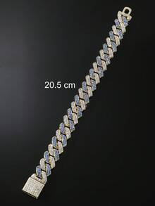 1 Set Men's 14mm Wide Hip Hop Style Fully Iced Out Diamond-Shaped Dual-Tone Cuban Link Chain Necklace And Bracelet Set - Style a - View 6
