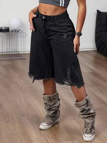 Pantalones cortos de mezclilla de cintura media, color azul claro sólido, sin estiramiento, con detalles desgastados - Elegantes y sexys para el ocio en casa - Negro - Ver 3