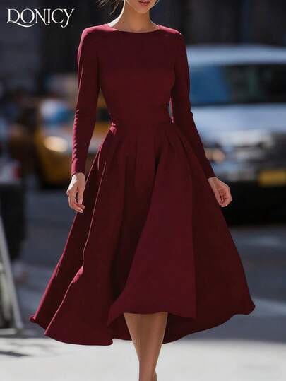 DONICY Elegant Women's Dress, Ladies' Spring/Summer Solid Color Round Neck Belted A-Line Mid-Length Dress, Fashionable Minimalist Chic Commuter White Dress, Casual, Business, Commute, Outgoing Dress, Suitable For Valentine's Day, Carnival