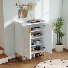 Meuble à chaussures avec pieds en métal doré et portes en MDF, meuble de rangement pour entrée, chambre, salon, blanc - Blanc - Voir 6