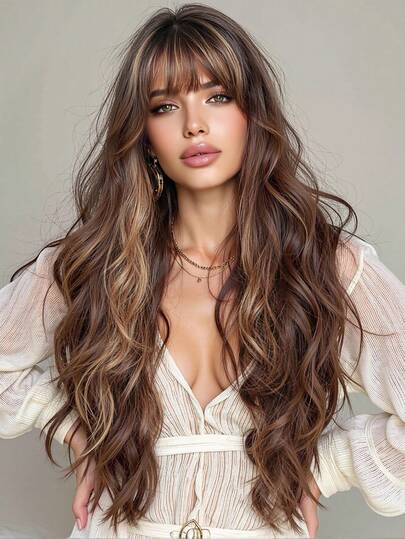 30英寸长棕色卷发假发，带刘海，耐热合成假发，适合日常佩戴、派对和角色扮演（请注意：由于拍摄时的光线和角度，实际产品颜色可能与图片略有不同。请仔细遵循假发佩戴和保养说明。）