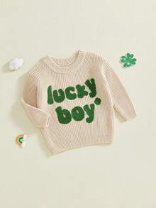 Suéter para bebé niño pequeño con letras trébol bordado jersey cálido cuello redondo manga larga tops de punto de primavera - Albaricoque - Ver 4