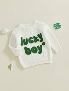 Suéter para bebé niño pequeño con letras trébol bordado jersey cálido cuello redondo manga larga tops de punto de primavera - Blanco - Ver 4